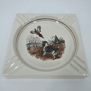 Vtg 70s Hyalyn Pottery Porcelain Ashtray Dog Bird Pheasant Hunting  7" x 7"